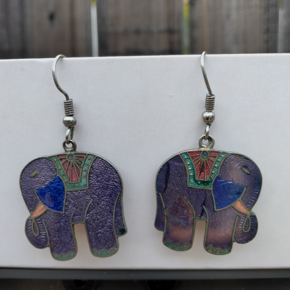 Vintage Cloisonne Enamel Purple Lucky Elephant Dangle Earrings - Picture 5 of 8